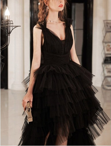 Vestido de fiesta de noche de tul de múltiples capas alto-bajo con espalda abierta